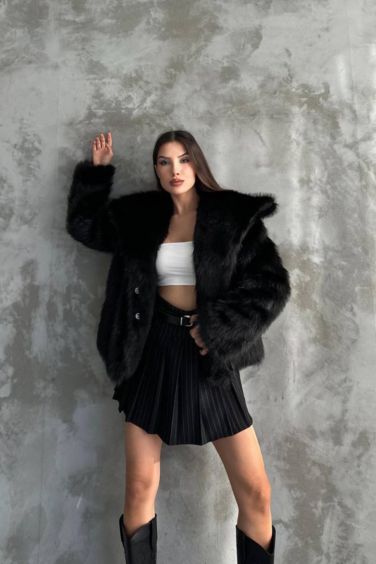 Siyah Oversize Kürk Kaban - XXL BUTİK