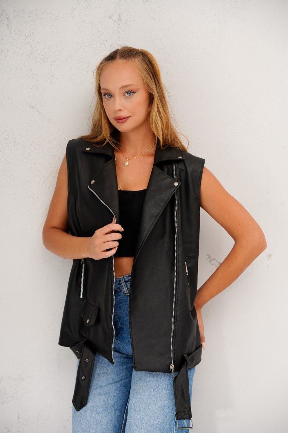 Black Oversize Faux Leather Vest - İLKCET MODA