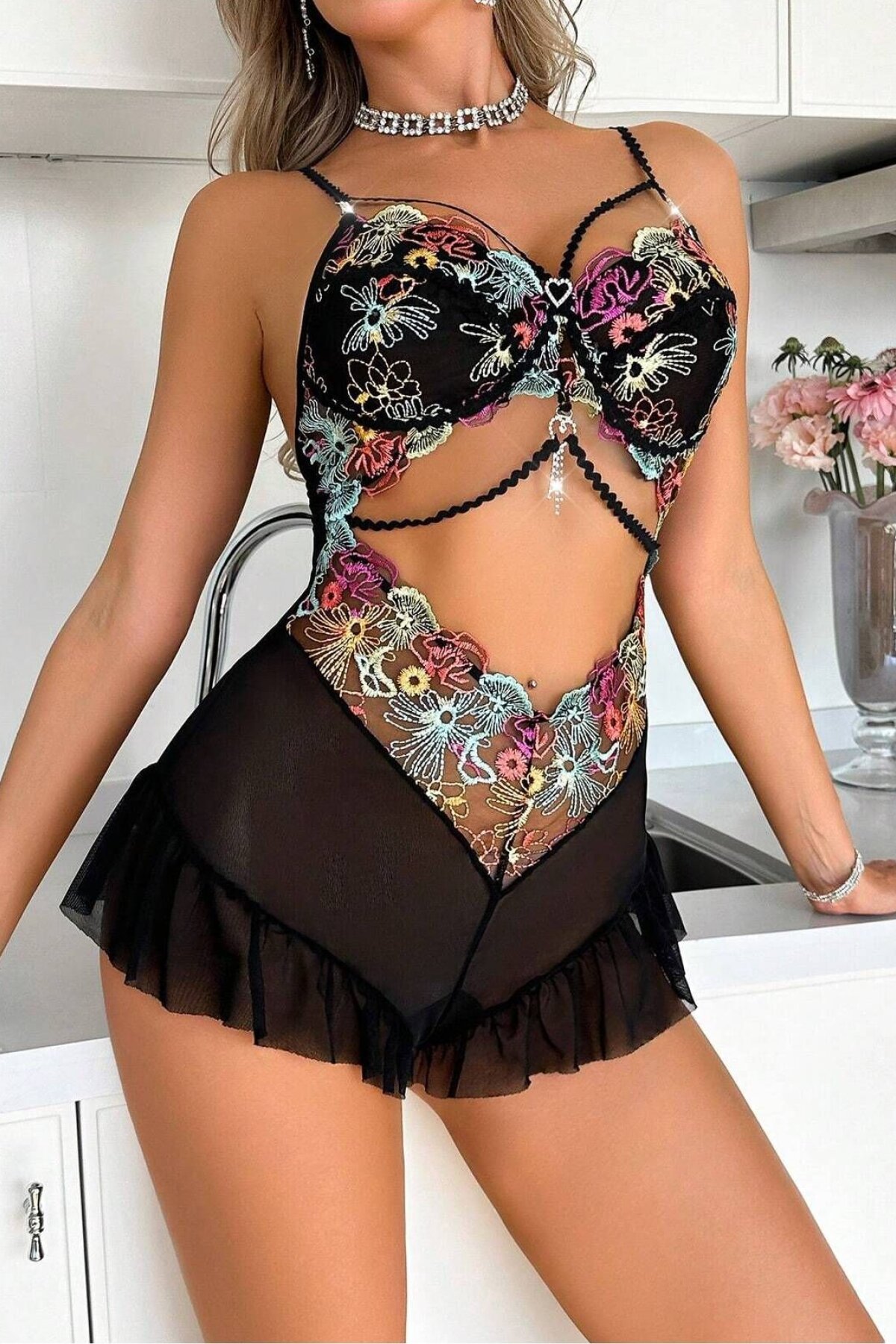 تيدي لانجري ميني فانتازي دانتيل مرصع بأحجار سوداء - my cherie