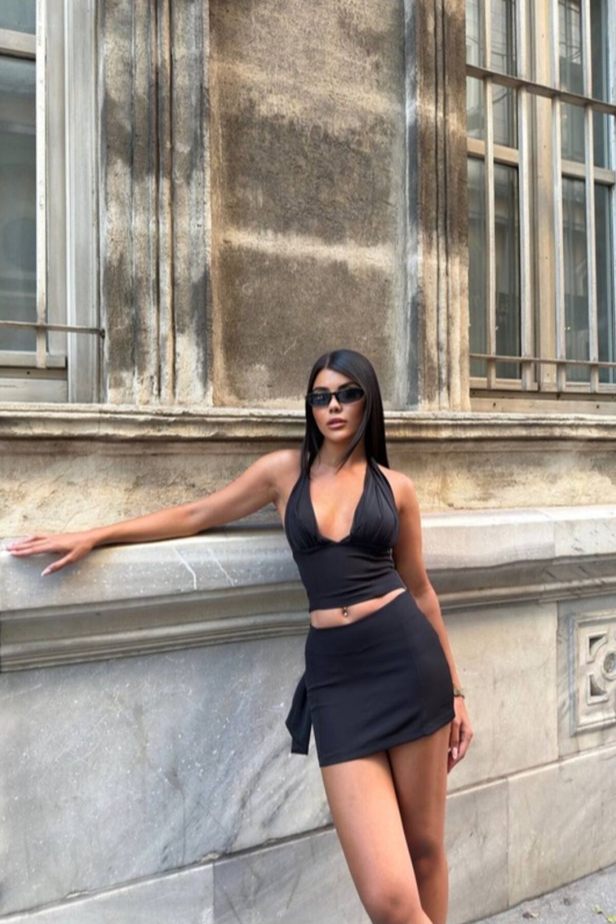 Black Tulle Detailed Backless Mini Skirt Two-Piece Set - VİSKALİ