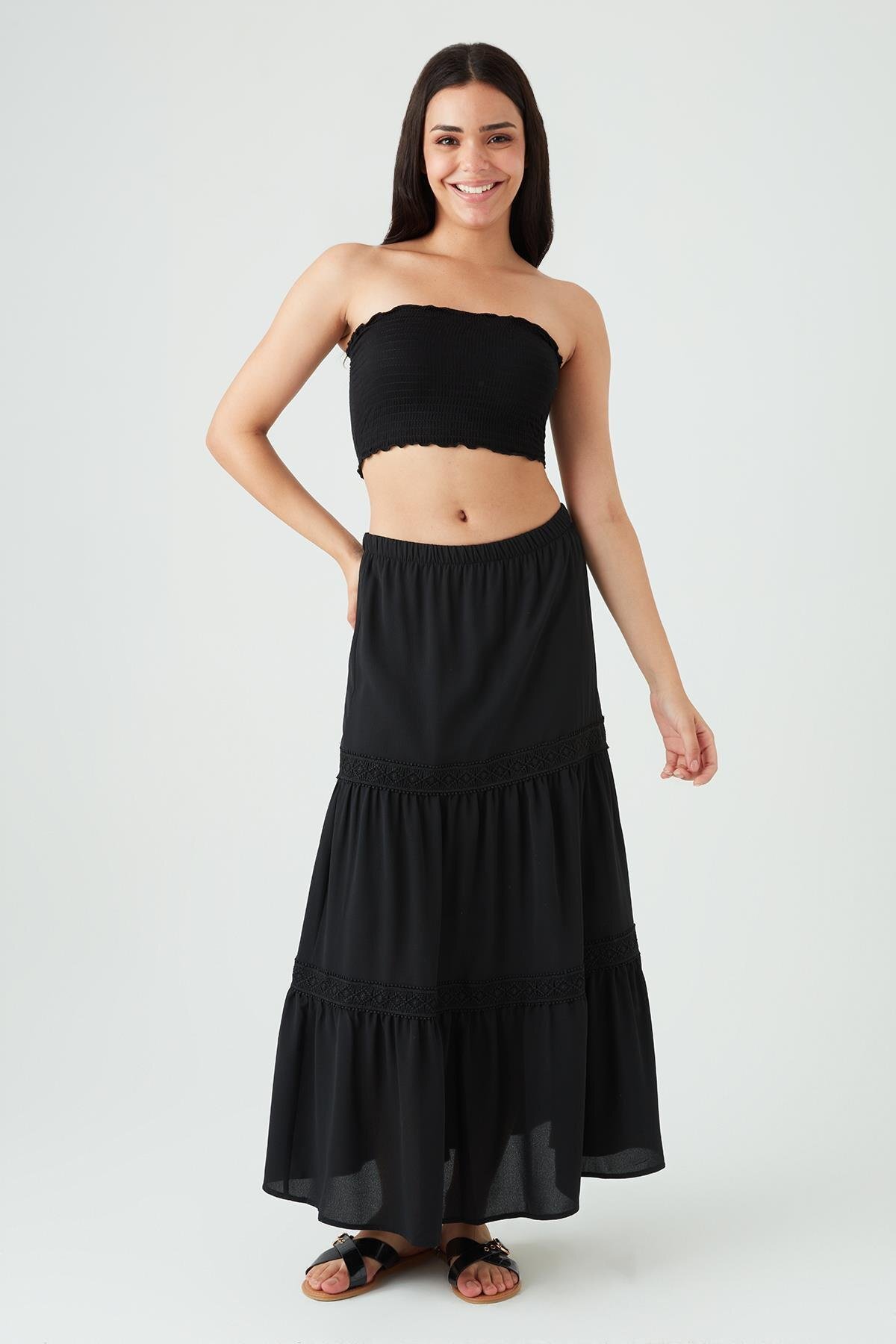 Black Long Lace Detailed Skirt - Select Moda