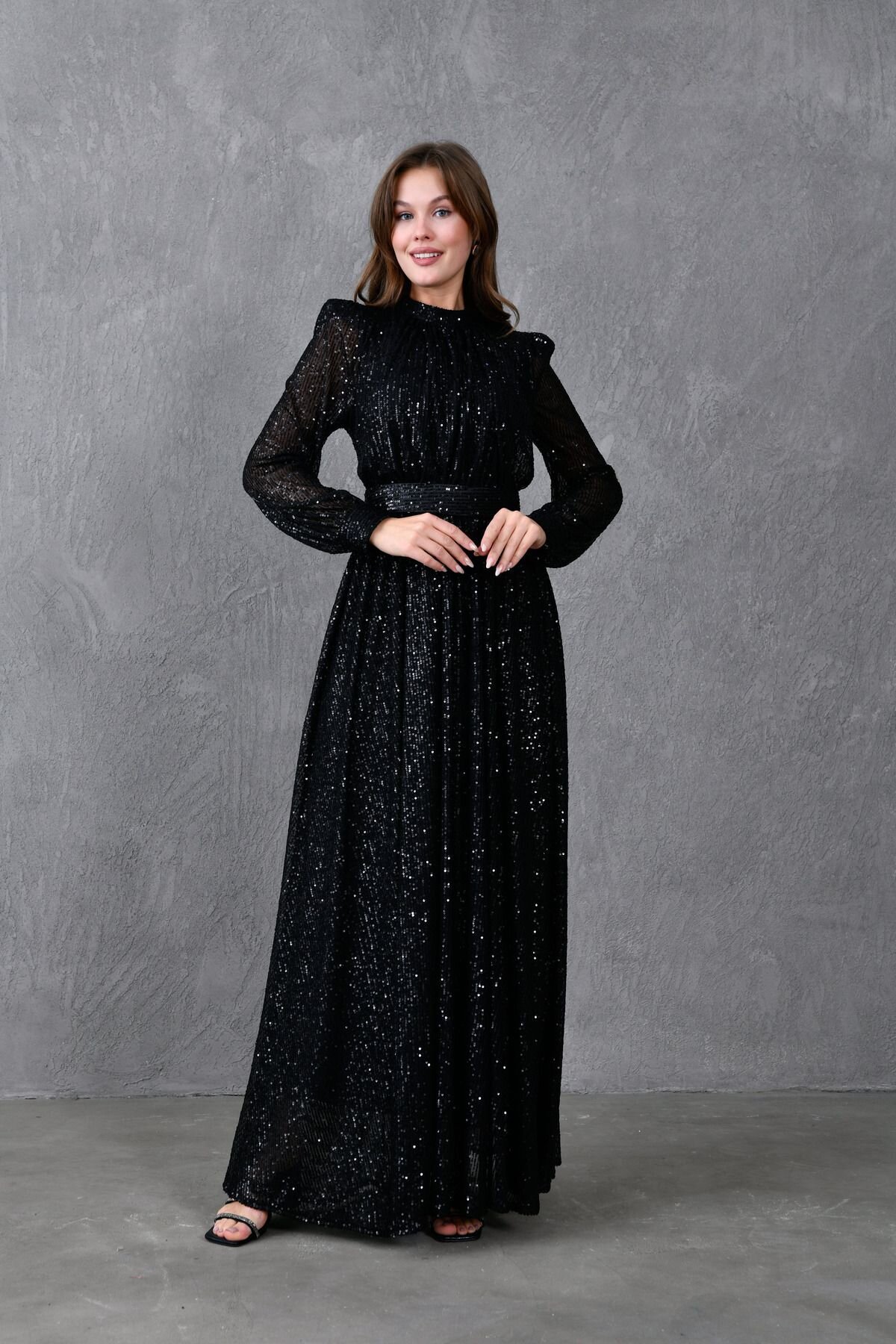 Black Long Sleeve Belted Sequined Modest Evening Dress - BK BOUTİQUE