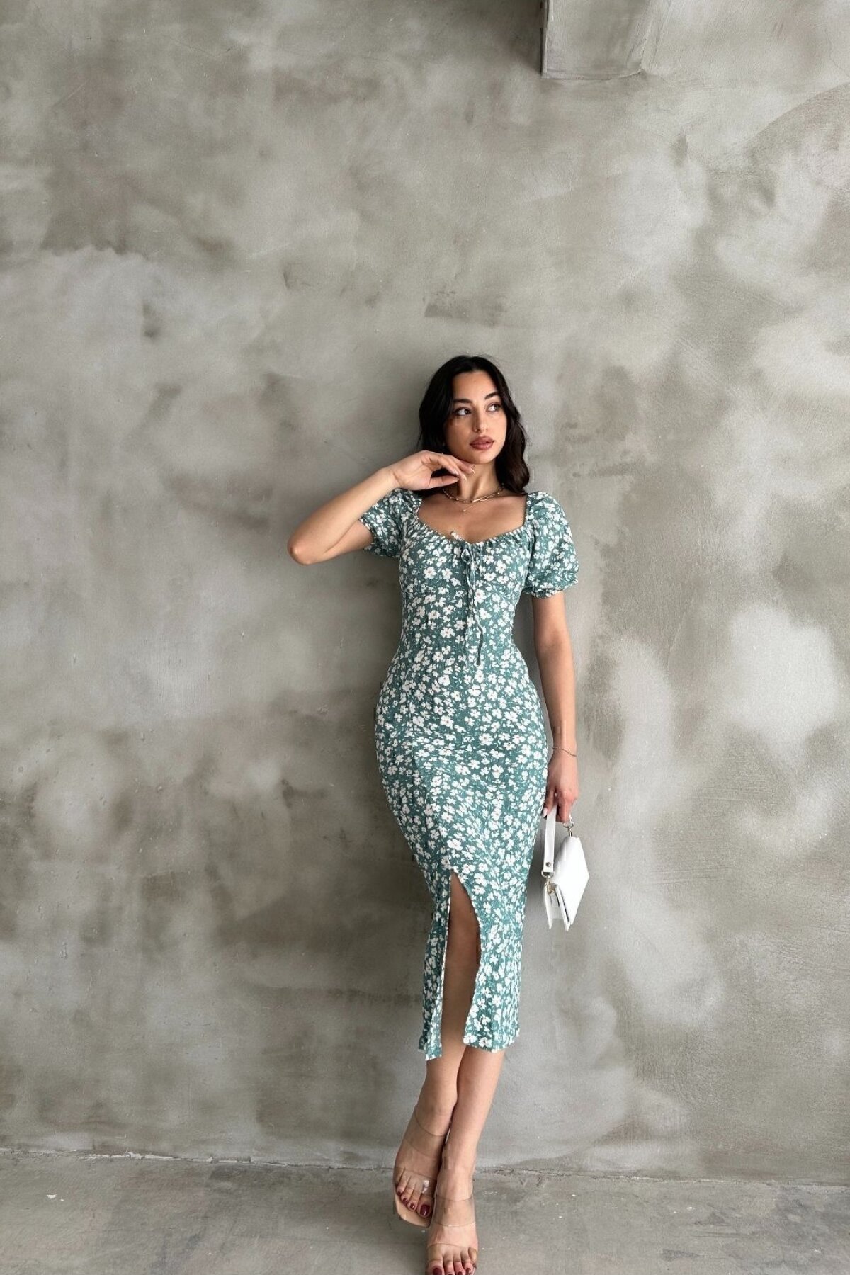Aqua Green Daisy Pattern Midi Summer Dress with Puff Sleeves and Slit Detail - Rabi Shine
