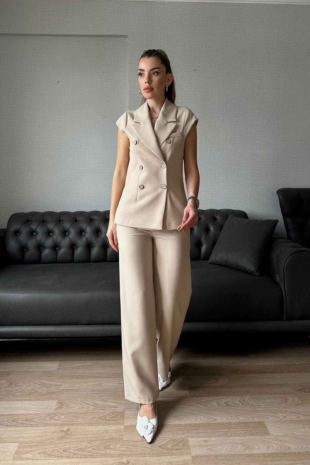 Stone Sleeveless Blazer Jacket and Trousers Two-Piece Set - Moda cameo