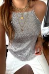 Açık Gri Askılı Payetli Reglan Yaka Bluz