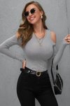 Açık Gri Uzun Kollu Bisiklet Yaka Omuz Dekolteli Kaşkorse Esnek Bluz