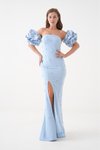 Bebe Mavisi Uzun Straplez Yırtmaç Ve Kol Detaylı Abiye Elbise