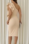 Bej Midi Scuba Kumaş Tek Omuz Volanlı Elbise