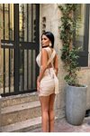 Bej Mini Farklı Bağlamalı Büzgülü Abiye Elbise