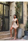 Bej Mini Farklı Bağlamalı Büzgülü Abiye Elbise