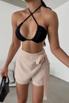 Bej Mini Keten Bağlama Detaylı Yüksek Bel Slim Fermuarlı Şık Trend Yazlık Şort Etek