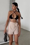 Bej Mini Keten Bağlama Detaylı Yüksek Bel Slim Fermuarlı Şık Trend Yazlık Şort Etek