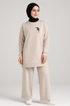Bej Şık Zarif Kuş Taş Detaylı Ve Bisiklet Yaka Tunik Pantolon İkili Tesettür Takım