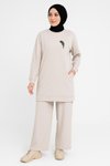 Bej Şık Zarif Kuş Taş Detaylı Ve Bisiklet Yaka Tunik Pantolon İkili Tesettür Takım