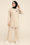 Bej Şık Zarif Kuş Taş Detaylı Ve Bisiklet Yaka Tunik Pantolon İkili Tesettür Takım