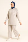 Bej Zarif Taş Detaylı Tunik Pantolon İkili Tesettür Takım