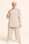 Bej Zarif Taş Detaylı Tunik Pantolon İkili Tesettür Takım