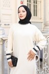 Beyaz Desenli Triko Tesettür Elbise