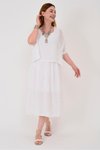 Beyaz Midi İtalyan Müslin Keteni Üstü File Bluzlu Astarlı Tek Parça Elbise