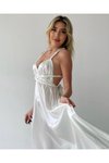 Beyaz Midi Sırt Dekolteli Saten Boyundan Bağlamalı Marilyn Monroe Abiye Elbise