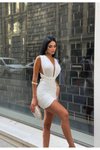 Beyaz Mini Farklı Bağlamalı Büzgülü Abiye Elbise