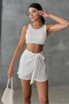 Beyaz Mini Keten Bağlama Detaylı Yüksek Bel Slim Fermuarlı Şık Trend Yazlık Şort Etek