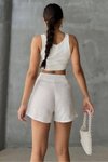 Beyaz Mini Keten Bağlama Detaylı Yüksek Bel Slim Fermuarlı Şık Trend Yazlık Şort Etek