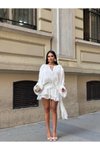 Beyaz Mini Şifon Dökümlü Volanlı Kuşak Detaylı Uzun Kollu Elbise