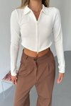 Beyaz Ottoman Kumaş Çift Fermuarlı Crop Sweatshirt