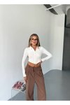 Beyaz Ottoman Kumaş Çift Fermuarlı Crop Sweatshirt
