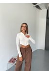 Beyaz Ottoman Kumaş Çift Fermuarlı Crop Sweatshirt