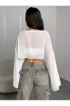 Beyaz Yarasa Kollu Dökümlü Crop Tül Bluz