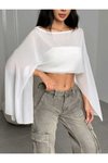 Beyaz Yarasa Kollu Dökümlü Crop Tül Bluz