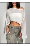 Beyaz Yarasa Kollu Dökümlü Crop Tül Bluz