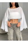 Beyaz Yarasa Kollu Dökümlü Crop Tül Bluz