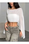 Beyaz Yarasa Kollu Dökümlü Crop Tül Bluz