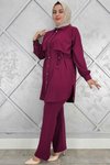 Bordo Beli Bağcıklı İkili Tesettür Takım