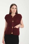 Bordo Bisiklet Yaka Yumuşak Dokulu Cepli Düğmeli Triko Yelek