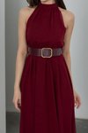Bordo Midi Sıfır Kol Kemerli Şifon Elbise