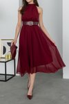 Bordo Midi Sıfır Kol Kemerli Şifon Elbise