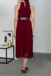 Bordo Midi Sıfır Kol Kemerli Şifon Elbise