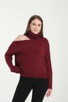 Bordo Omuz Detay Boğazlı Oversize Kazak