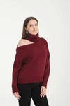 Bordo Omuz Detay Boğazlı Oversize Kazak