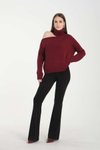 Bordo Omuz Detay Boğazlı Oversize Kazak