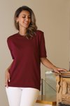 Bordo Sıfır Yaka Kısa Kollu Triko Bluz