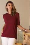 Bordo Sıfır Yaka Kısa Kollu Triko Bluz