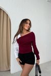 Bordo Tek Omuz Gömlek Detaylı Tasarım Bluz