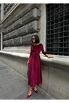 Bordo Uzun Kadife Kumaş Kuşak Detaylı Elbise