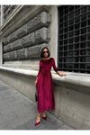 Bordo Uzun Kadife Kumaş Kuşak Detaylı Elbise