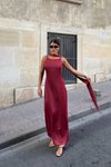 Burgundy Long Satin Low Back Thin Strap Shawl Detail Stretch Fabric Evening Dress